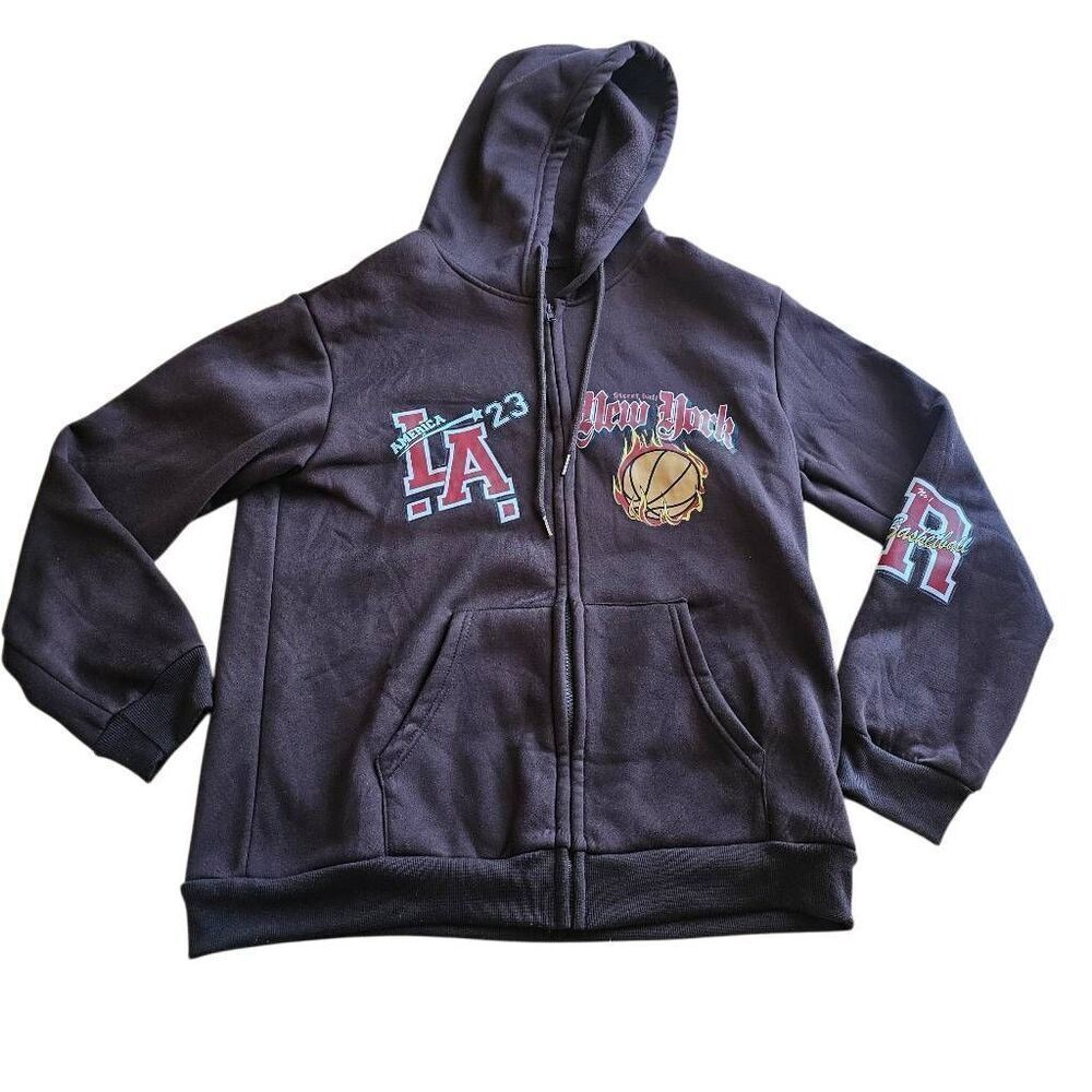 Mens Sz M brown letter print zip up hoodie